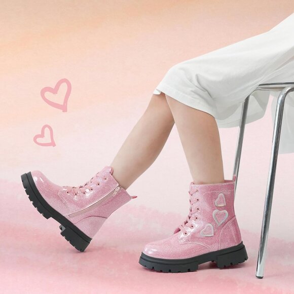 Girl's Pink Fashion Shiny Rubber Combat Kids Slip-on Lightweight Ankle Boots - Picture 2 of 7